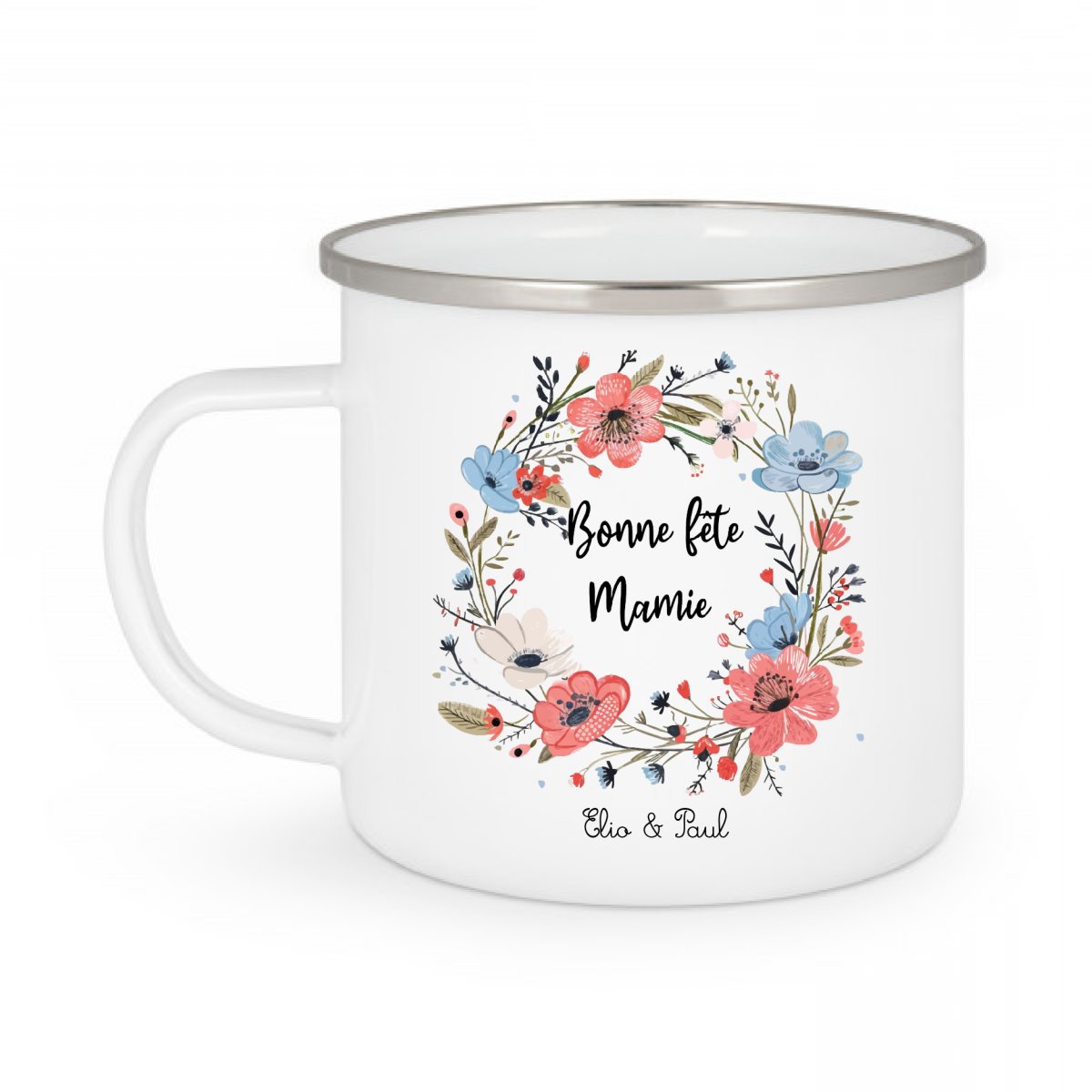 Mug Émaillé Personnalisé 350 ml – « Bonne Fête Mamie » avec Couronne de Fleurs – Cadeau Unique avec Prénoms des Petits-Enfants – Image 2