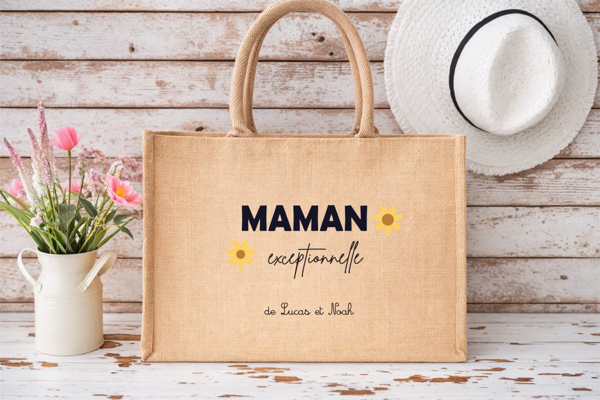 Sac en jute personnalisé maman exceptionnelle, sac cabas fête des mères, cadeau maman personnalisé prénoms enfants, sac maman personnalisé – Image 2